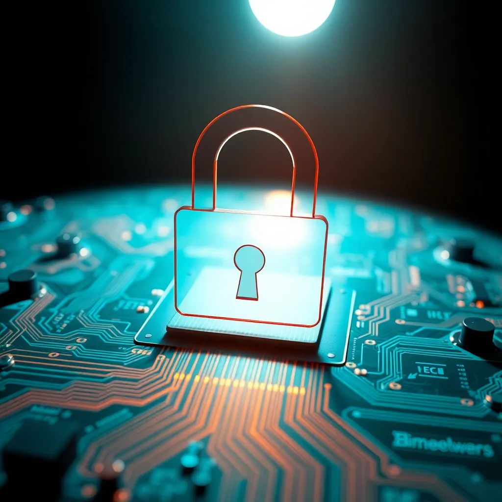 Digital Lock Overlay on Circuit Board This close-up image showcases a digital lock symbol prominently displayed over a complex circuit board. The dramatic lighting emphasizes the intricate details of the circuitry, while a cinematic color grading of teal and orange creates a striking visual impact. The careful arrangement of elements highlights the importance of security in technology, making it perfect for cybersecurity topics.