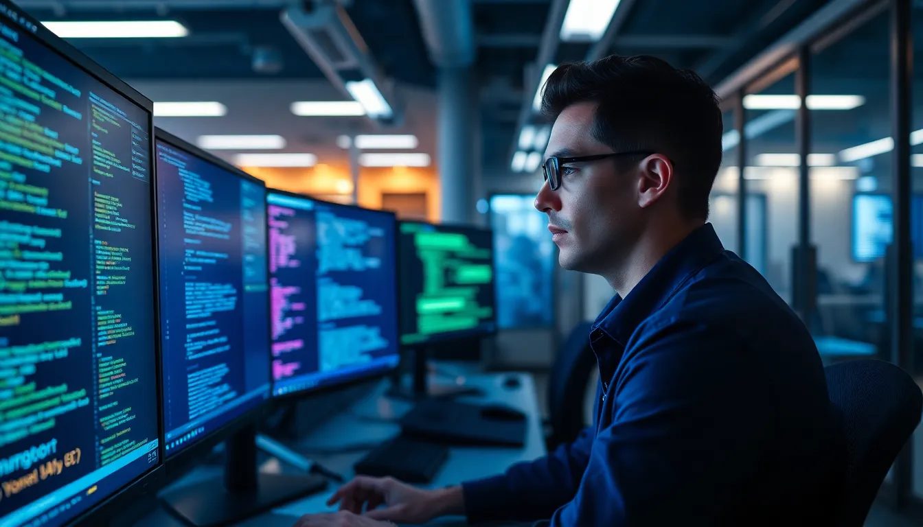 Focused Cybersecurity Analyst in High-Tech Office