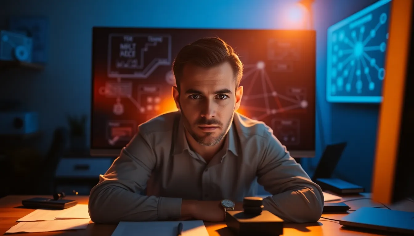 Cybersecurity Analyst at Work A focused cybersecurity analyst is seen working in a dimly lit office, illuminated by the blue glow of computer screens. The image captures the intense concentration in their expression, surrounded by notes and tech devices. The cool blue tones contrast with the soft shadows, creating a moody atmosphere that highlights the seriousness of cybersecurity work. An intricate network diagram is projected on the wall, emphasizing the thematic setting.