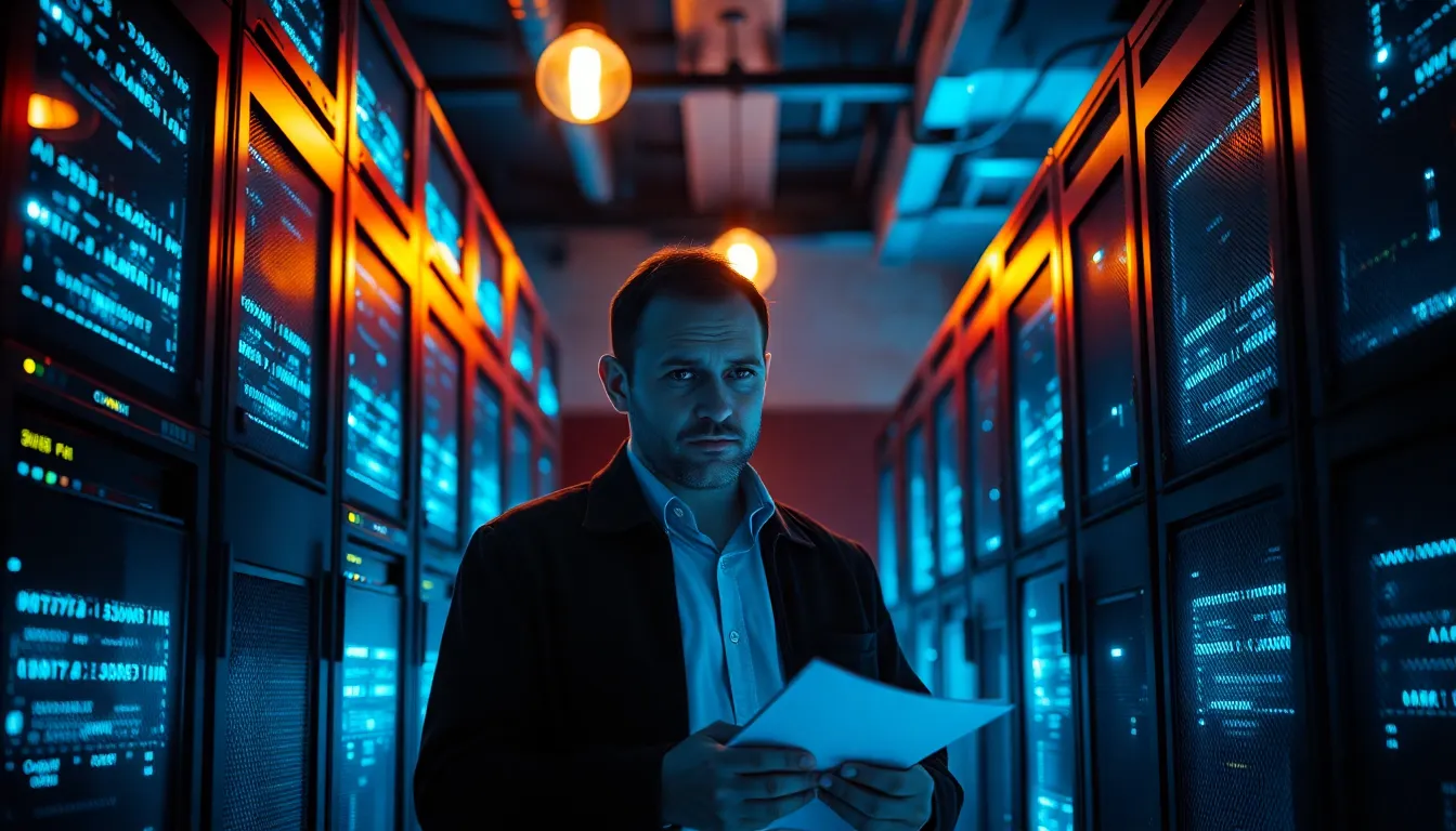 Cybersecurity Analyst in High-Tech Server Room A cybersecurity analyst is deeply focused in a high-tech server room, illuminated by glowing blue LED lights and warm tungsten lamp. The serious expression on their face reflects the intensity of their work as they jot down notes. The selective focus highlights their concentration while the dimly lit environment adds a sense of drama. The overall visual tone is enriched with a cinematic teal and orange color grading, creating a stark contrast that emphasizes the technology around them.