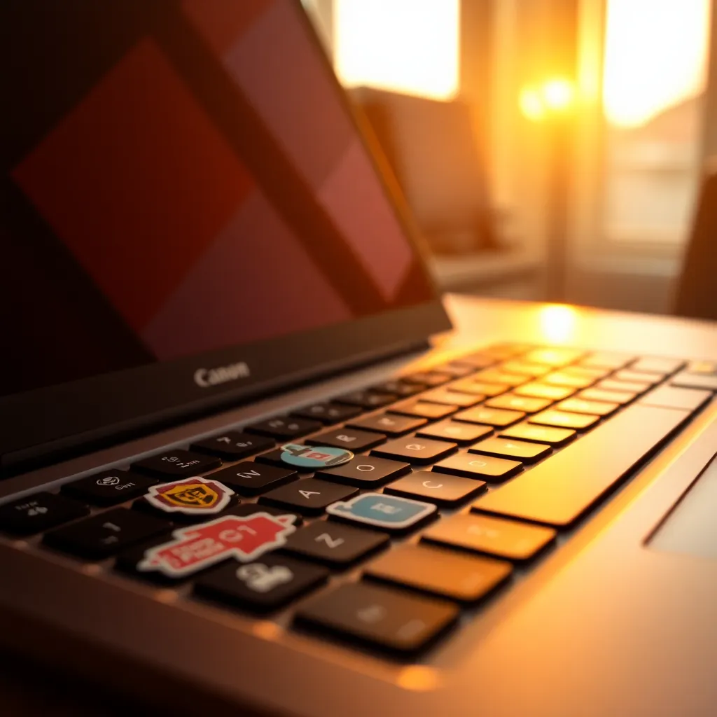 A close-up view of a laptop keyboard adorned with cybersecurity-themed stickers, illuminated by soft golden hour light. The warm tones create an inviting atmosphere, while the shallow depth of field accentuates the intricate details of the keyboard. The diagonal composition draws attention to the unique stickers, blending a personal touch with the theme of cybersecurity.