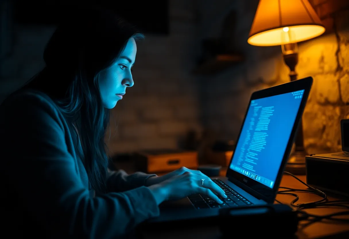 Female Hacker at Work in Dimly Lit Room A female hacker intently types on a laptop in a dimly lit room, illuminated by cool blue screen light and warm vintage lamp glow. The selective focus on her concentrated expression and hands draws the viewer into her world. The scene captures the high-stakes atmosphere of cybersecurity work, with textured walls and tech gadgets adding depth. The cinematic teal and orange color grading further enhances the mood, creating a visually compelling narrative.