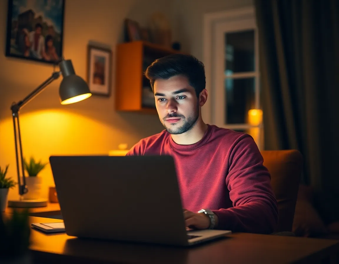 Remote Worker Engaged in Cybersecurity Measures A remote worker is captured in a cozy home setting, deeply engaged with their laptop, emphasizing the importance of cybersecurity. The warm glow from a practical desk lamp creates an inviting atmosphere, with a shallow depth of field enhancing the focus on the subject. The earthy color palette featuring browns and greens contributes to a relaxed mood. The individual’s expression is focused and intent, underscoring the vital role of cybersecurity in today’s work-from-home culture.