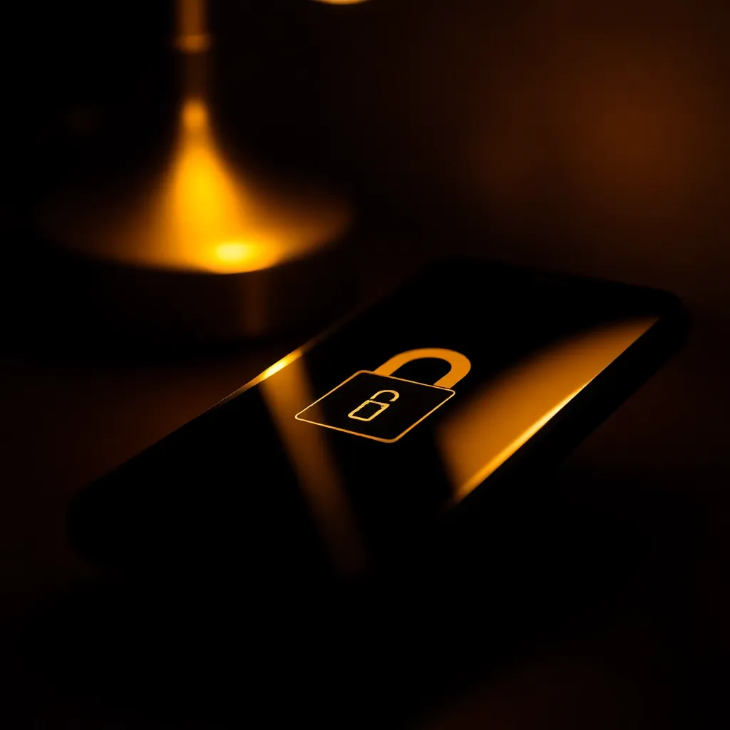 Close-Up of Digital Lock Interface In this striking close-up, the image showcases a digital lock interface displayed on a smartphone, highlighted by the warm glow of a desk lamp. The rich color palette with dark tones adds a sense of sophistication, while the shallow depth of field emphasizes the lock feature. The shiny glass surface of the smartphone reflects its surroundings, enhancing the modern technological feel of the composition.