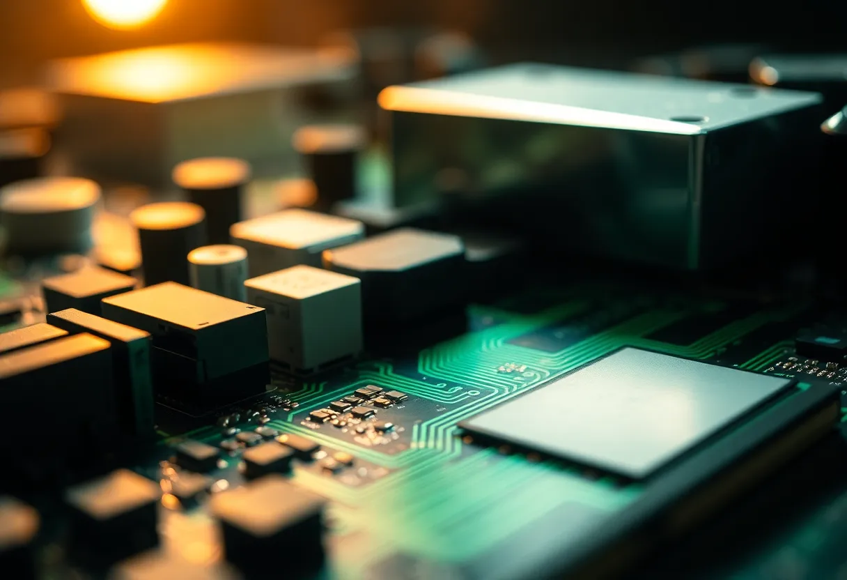 Close-Up of Circuit Board Technology This detailed macro image showcases the intricate design of a circuit board, highlighting various electronic components essential for cybersecurity. Studio lighting emphasizes the textures and depth of the materials, creating a visually compelling representation of technology. The shallow depth of field draws focus to the details, while the leading lines guide the viewer's eye throughout the composition. This image encapsulates the complexity and beauty of modern electronics.