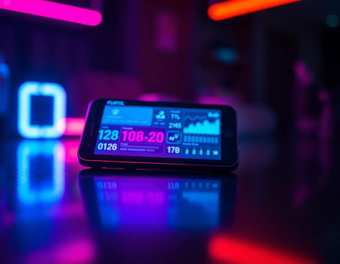 Futuristic Cybersecurity Smartphone with Holographic Screen This image features a close-up of a futuristic smartphone showcasing a holographic interface with cybersecurity analytics. The neon reflections cast by the device add a striking contrast to the warm firelight surrounding it. Using a shallow depth of field, the smartphone stands out sharply against a softly blurred background, enhancing its futuristic appearance. The cinematic color grading adds dynamic energy to the portrayal of advanced technology in cybersecurity.