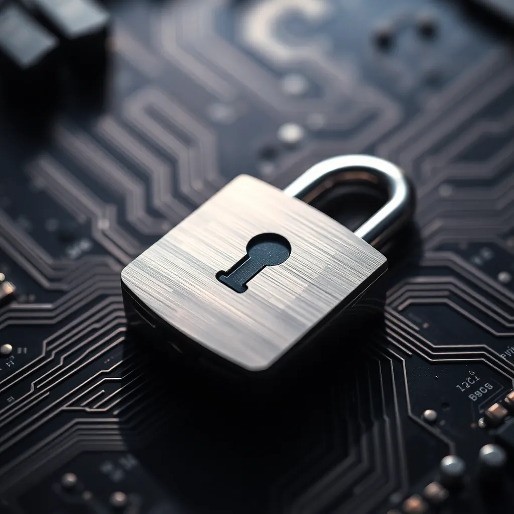 An intricate macro shot reveals a digital padlock resting on a computer circuit board, symbolizing the essence of cybersecurity. The high-key lighting enhances the metallic sheen of the padlock, while sharp shadows add depth to the composition. Focused on the padlock, the shallow depth of field allows the fine details to shine against a blurred background of circuitry, creating a striking and thought-provoking image. This visual representation emphasizes the importance of security in the digital landscape.