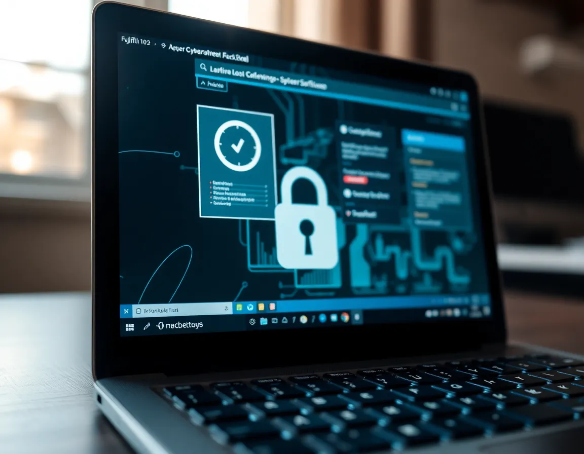 Digital Lock and Cybersecurity Software This macro shot captures a digital lock displayed on a laptop screen, symbolizing the essence of cybersecurity. Soft daylight enhances the sheen of the screen, while muted metallic colors dominate the composition. The hyperfocal depth ensures clarity across the laptop's intricate details, creating a sense of depth and sophistication. The overall image conveys the modernity and critical importance of digital security in today's tech landscape.