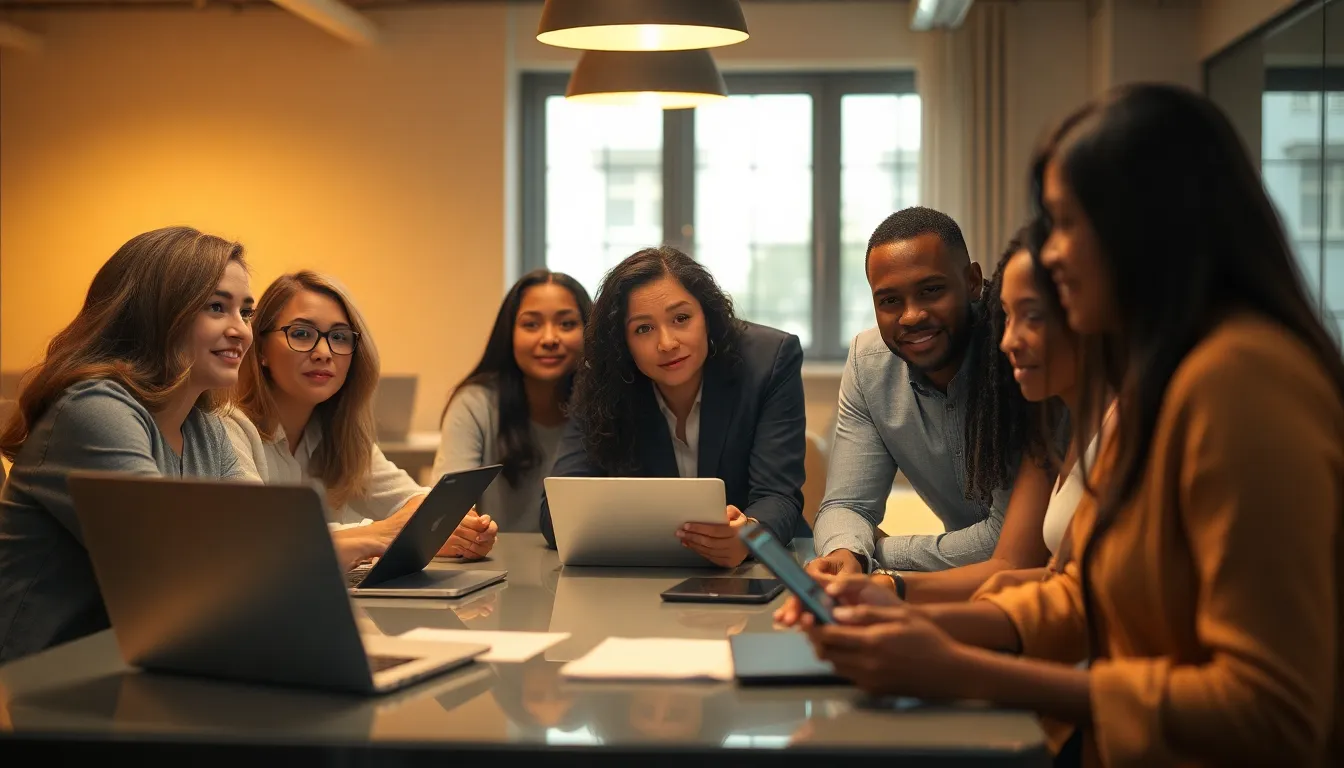 Cybersecurity Team Brainstorming Ideas This image beautifully illustrates a diverse cybersecurity team engaged in a brainstorming session, illuminated by warm tungsten lights that create a cozy atmosphere. The shallow depth of field emphasizes their expressions of curiosity and engagement as they collaborate around a sleek table filled with modern tech. With a rule of thirds composition, the image captures the dynamic interaction among team members, showcasing the synergy and creativity vital to the field of cybersecurity.