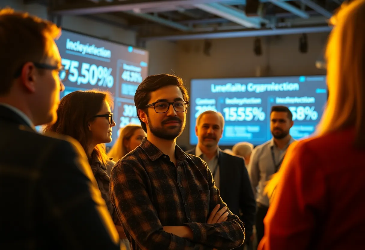 Cybersecurity Professionals at Tech Conference This vibrant image depicts a diverse group of professionals engaged in a spirited discussion about cybersecurity during a tech conference. Illuminated by the warm glow of golden hour, the figures are highlighted against a backdrop of dynamic digital displays. The natural color palette enhances the warm skin tones while the hyperfocal clarity enriches the overall scene. This composition captures the collaborative spirit and urgency within the field of cybersecurity.