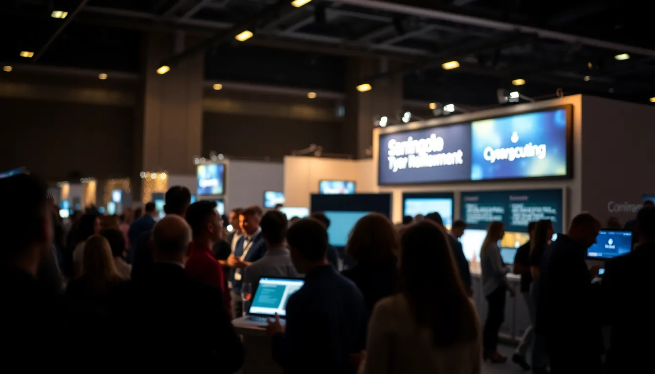 A vibrant nighttime scene of a cybersecurity conference captures illuminated booths and engaged attendees. Soft, warm tungsten lighting creates an inviting atmosphere amid the low light. The shallow depth of field enhances the dreamlike quality, with sparkling bokeh from surrounding lights. Warm tones mixed with vibrant colors evoke innovation and excitement, while the thoughtful composition emphasizes interaction among attendees.