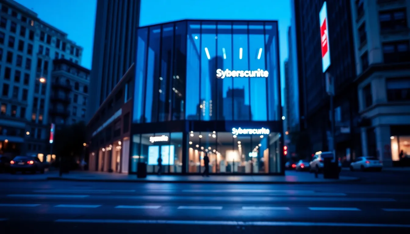 Urban Cybersecurity Storefront at Night This captivating image presents a cybersecurity company’s storefront glowing under twilight, accented by vibrant neon signage. The cool blue tones create a modern atmosphere, while the reflected lights on the wet street add intrigue and depth. Utilizing a shallow depth of field, the storefront is sharply in focus against a softly blurred background, drawing the viewer's attention to the high-tech environment. This scene embodies the intersection of urban life and technology.