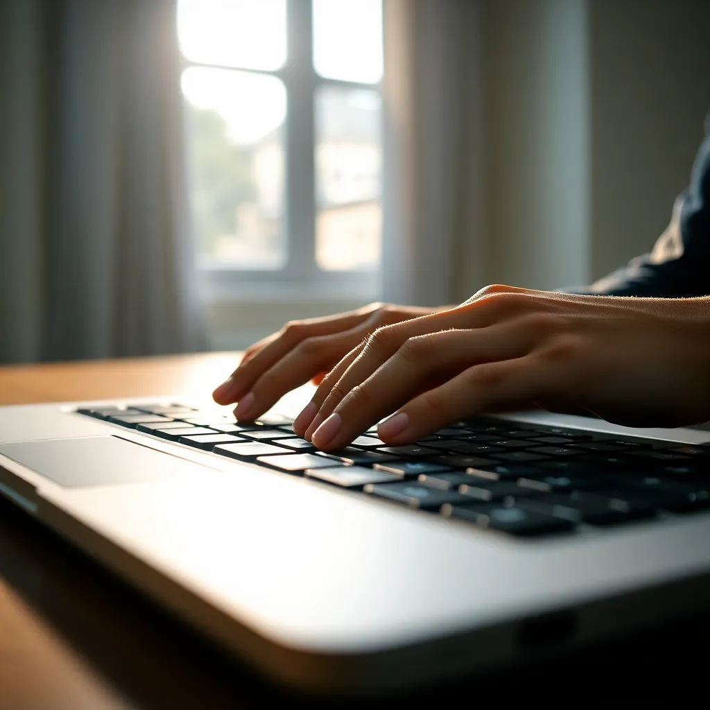 Close-Up of Cybersecurity Work This image provides an intimate look at a cybersecurity professional's hands actively typing on a laptop. The binary code reflecting off the laptop's surface adds a layer of intrigue, illustrating the complexities of the digital world. The warm natural lighting enhances the scene, emphasizing the connection between human effort and technology. This close-up captures the essence of daily life in the cybersecurity field.