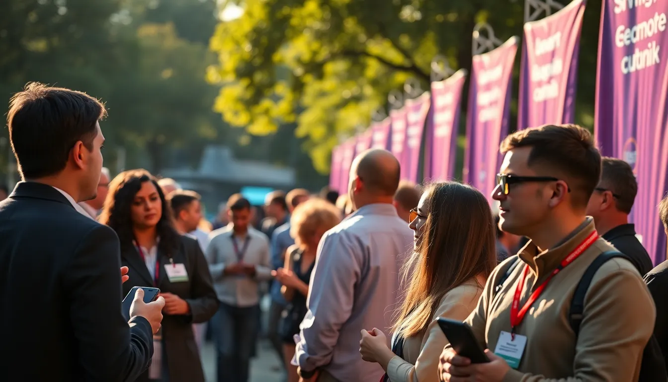 Cybersecurity Tech Conference Gathering A vibrant scene from a cybersecurity tech conference showcases attendees engaged in lively discussions. The warm morning sunlight casts a pleasing glow over the group, emphasizing their expressions and interactions. Positioned in the left third of the frame, a diverse group illustrates the inclusive nature of the industry. Conference banners in the background add context, while sharp details of clothing and tech gadgets enhance the visual depth.