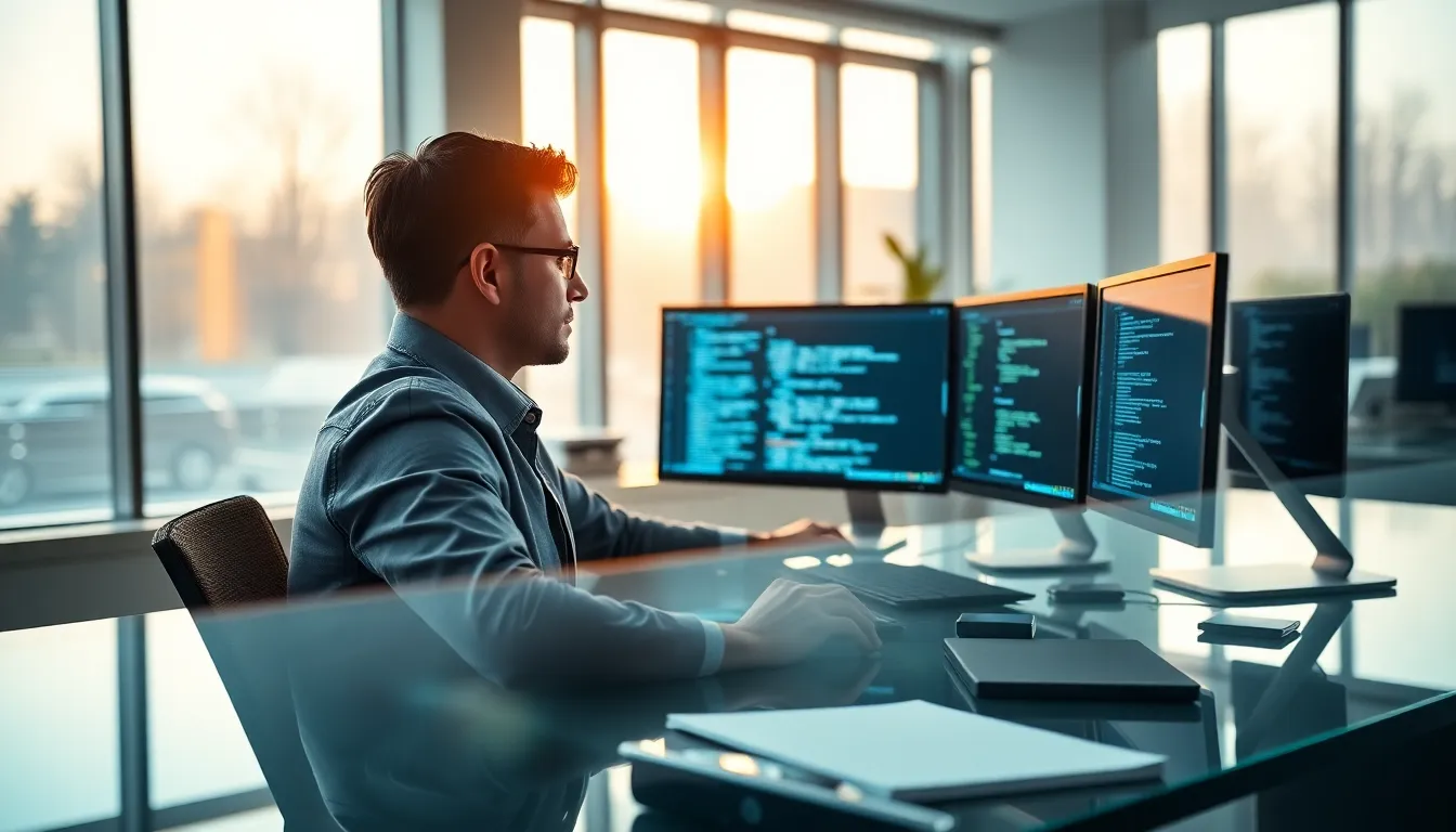 Cybersecurity Analyst in Modern Office This image captures a cybersecurity analyst immersed in their work within a contemporary office setup. The warm overcast light creates a calm atmosphere while reflections from the glass desk add depth. The scene is detailed with multiple screens showing lines of code, emphasizing the focus on cybersecurity. A blend of cool blue tones and neutral hues creates a professional mood, ideal for depicting the technology sector.