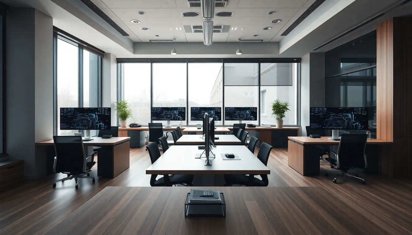 Modern Office with Advanced Cybersecurity Tech