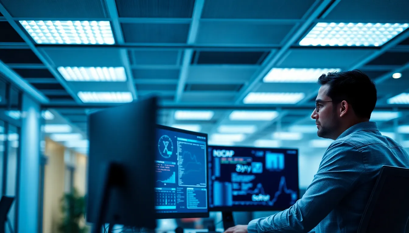 A focused cybersecurity analyst is depicted in a contemporary office setting, illuminated by cool, diffused lighting. They examine data displayed on dual monitors, emphasizing their concentration. The cool blue and gray tones reflect the tech environment, while the composition captures the professional ambiance through thoughtful positioning. Textures of the glass and metal around enhance the modern feel.