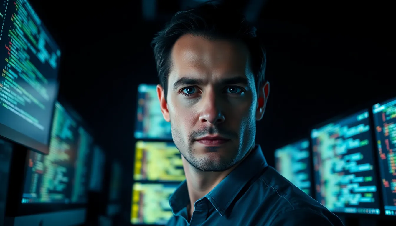 Cybersecurity Expert in a Digital Environment This striking image captures a cybersecurity expert deeply engaged in their work within a tech-laden room. The glow from multiple screens casts dramatic light onto their focused expression, creating an intense atmosphere. With a color palette of deep blues and greens, it embodies the essence of the digital age. The expert's concentration and the surrounding code evoke a sense of urgency and importance in the cybersecurity field.