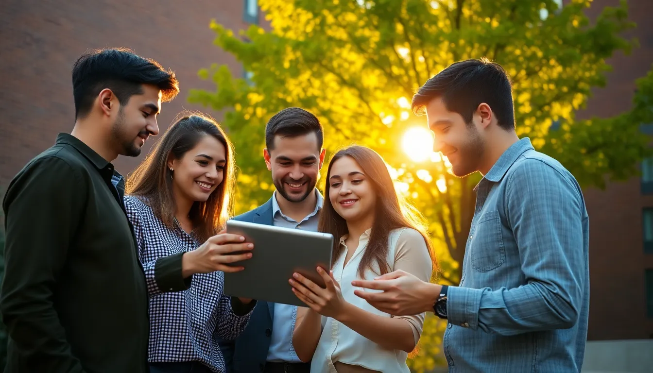 Tech Collaboration in the Sun A diverse group of young professionals gathers outdoors, examining a digital tablet together amidst the warm glow of golden hour. Their expressions convey enthusiasm and collaboration, set against a vibrant green backdrop. The rich warm hues and soft bokeh enhance the mood of innovation and teamwork. The modern architectural elements in the background add to the dynamic interplay between technology and nature.