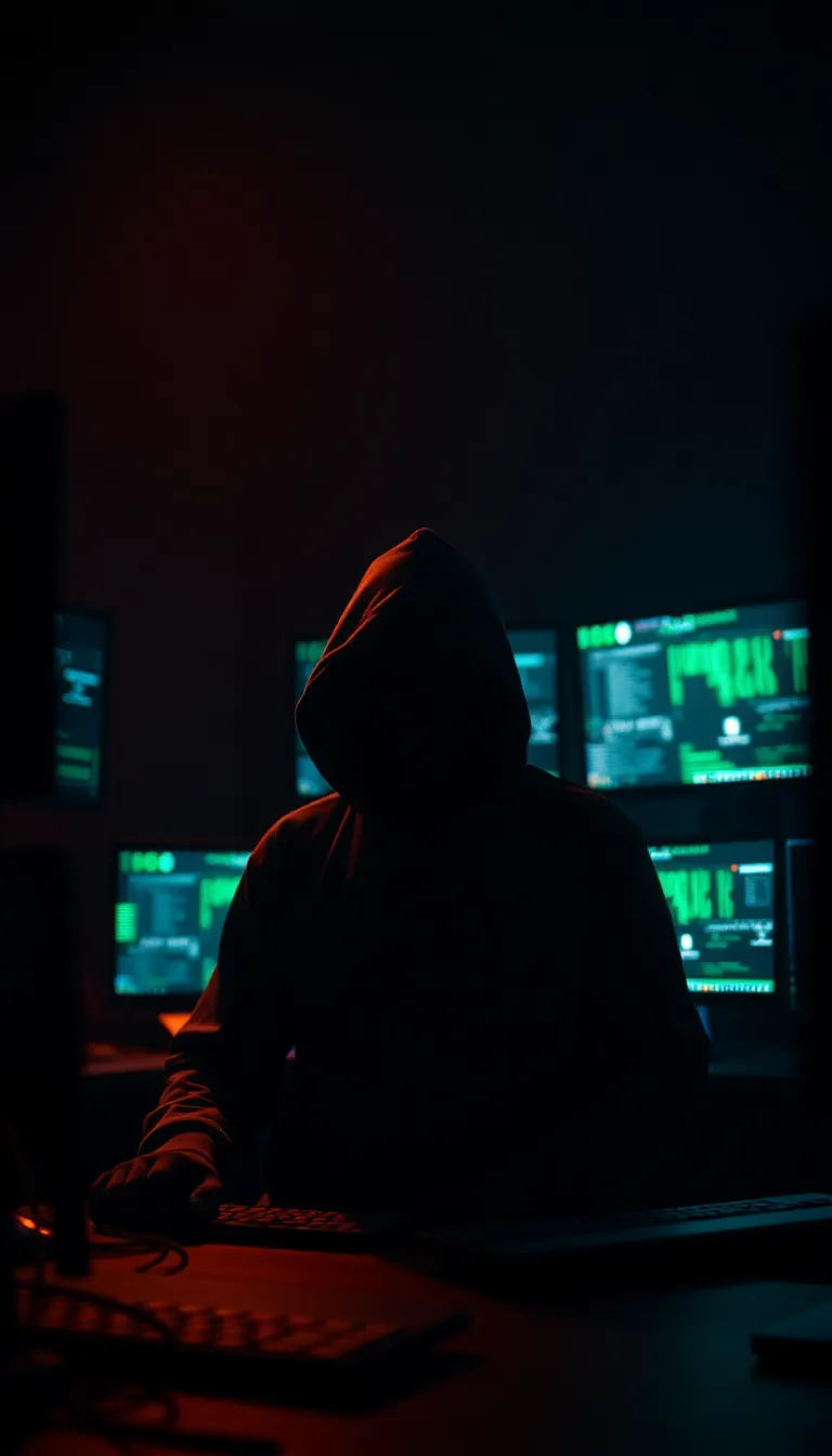 Hacker in Dimly Lit Cybersecurity Room