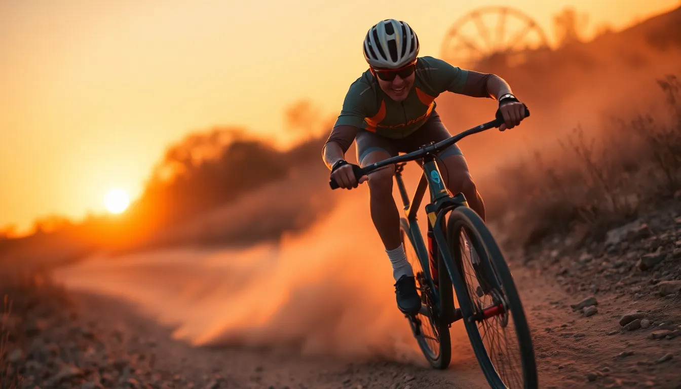Cyclist on Winding Trail at Sunset This stunning image depicts a cyclist navigating a winding trail during golden hour. The warm backlighting casts a beautiful glow on the rider, who is clad in a bright jersey, while the soft focus background creates a dreamy atmosphere. The road ahead, freshly coated in rain, reflects the light, adding a layer of depth to the scene. This composition captures not just the sport, but the serene beauty of nature.
