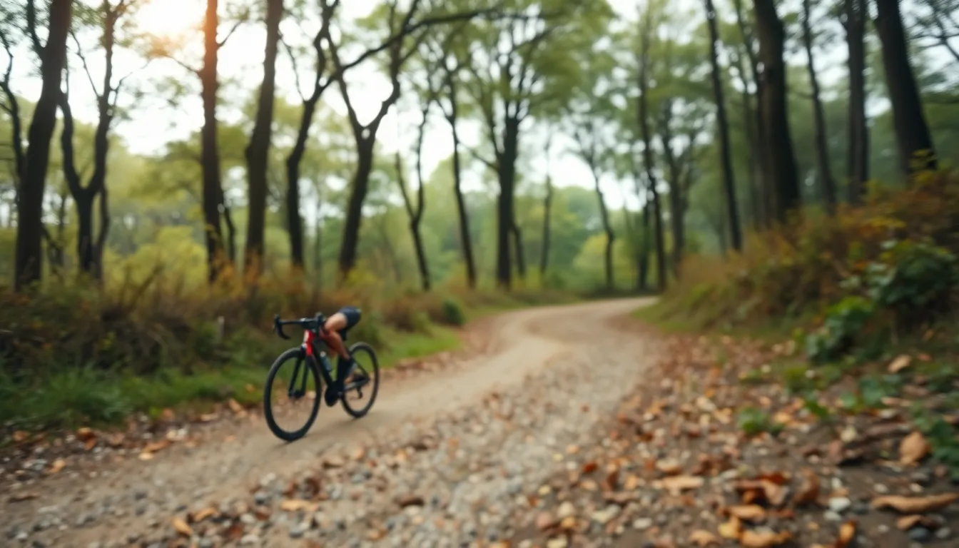 This image features a cyclist speeding along a forest path, surrounded by lush greenery. The overcast lighting creates a serene mood, while the shallow depth of field brings attention to the cyclist's focused expression. The dirt path is littered with leaves, enhancing the natural atmosphere. The muted color palette adds to the tranquility of the scene, making it perfect for sports-related visuals.
