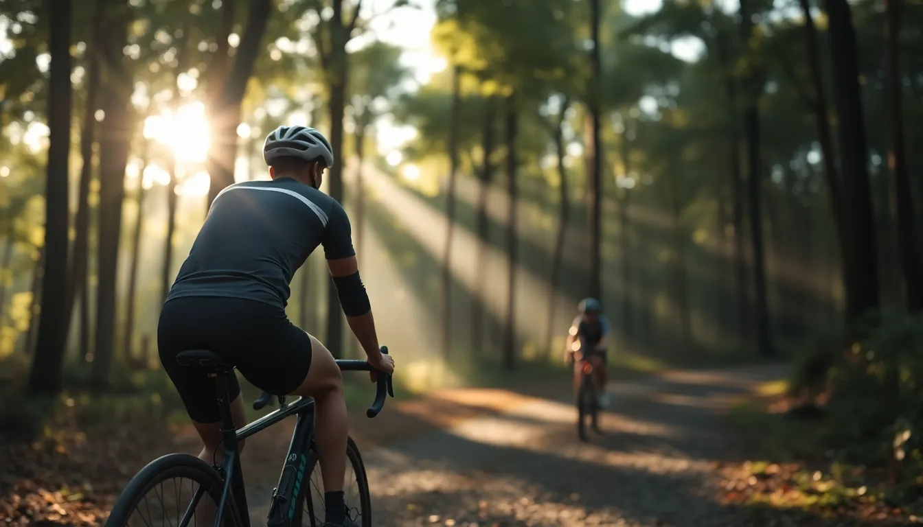 A cyclist in vibrant activewear navigates a sun-dappled forest path, surrounded by lush greenery. The soft morning light filters through the trees, creating a serene yet dynamic atmosphere. The image captures the essence of adventure and freedom, highlighting the detailed textures of the cyclist's gear and the natural beauty of the surroundings.