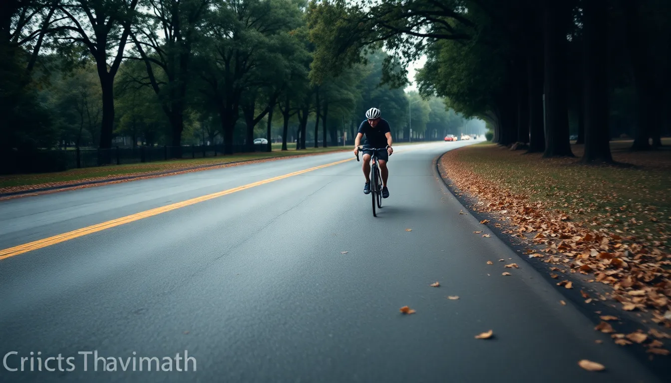 A cyclist speeds along a forest trail under soft, diffused daylight. The scene captures the tranquility of a wooded area with muted earth tones highlighting the fallen leaves and weathered asphalt. The composition is framed with the cyclist positioned off-center, creating a dynamic feel, while a gentle bokeh enhances the immersive nature of the forest. This image embodies the spirit of cycling amidst natural beauty.