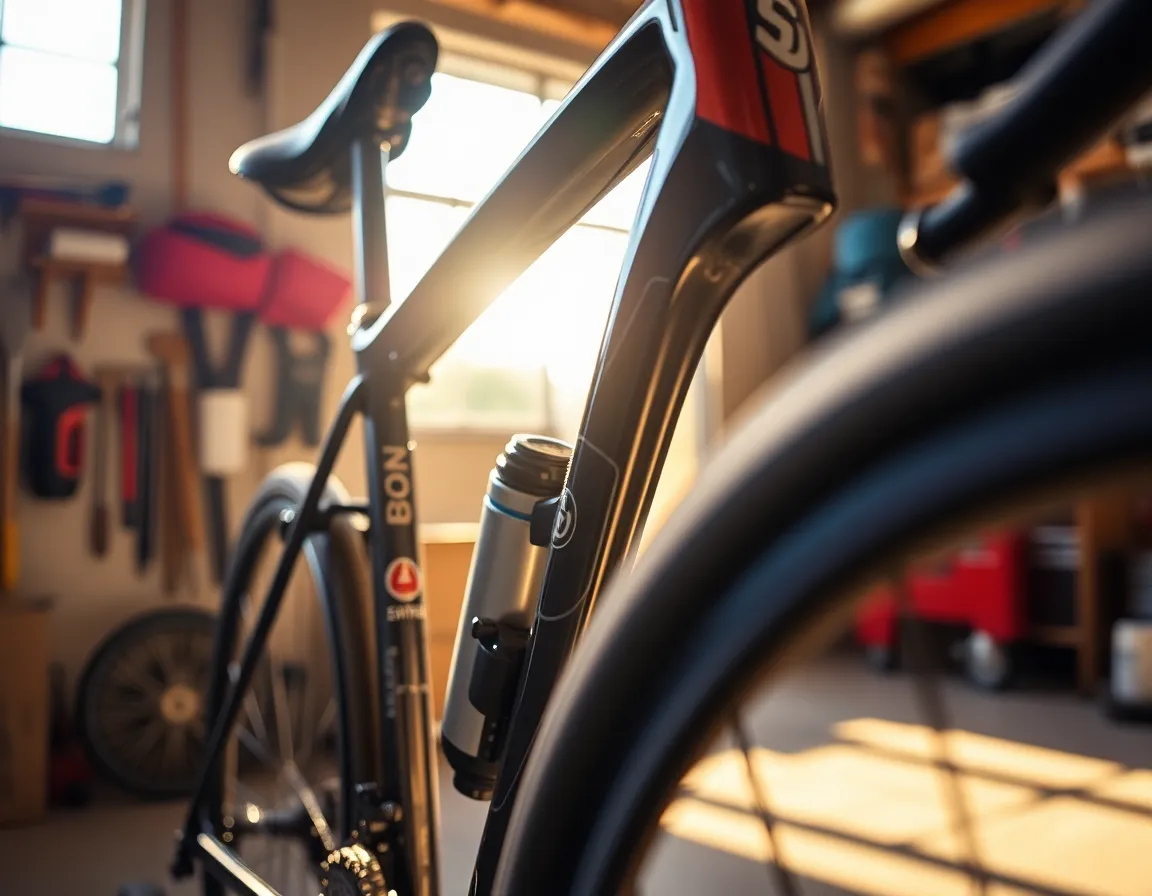 A captivating macro shot reveals the intricate details of a cyclist's bicycle in a sunlit garage. The warm light glistens off the glossy paint and finely crafted metal components, showcasing the artistry of bike design. A shallow depth of field allows for a beautifully blurred background, drawing attention to the bike's features. This image captures the craftsmanship and care that goes into cycling gear, making it a perfect representation of the sport's passion.