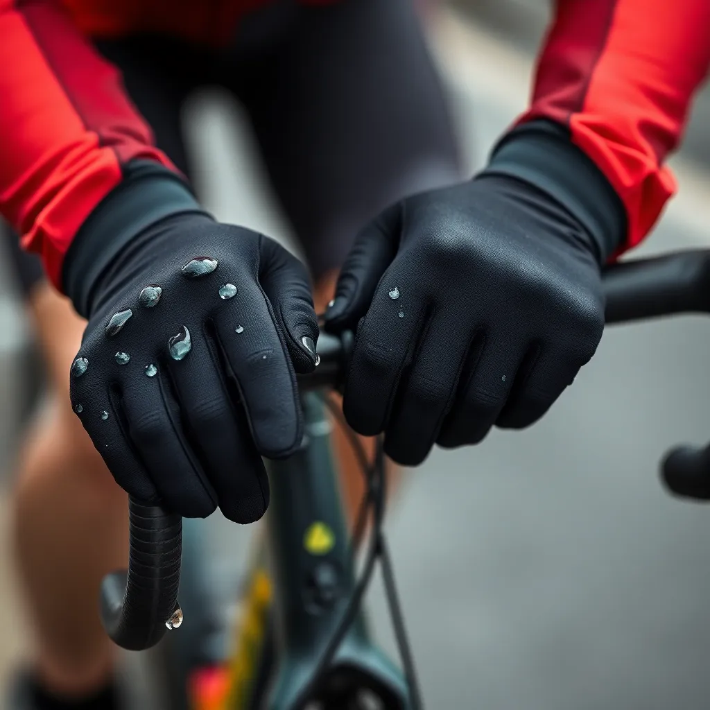 This intimate close-up captures a cyclist's hands gripping the handlebars, showcasing the intricate details of the gear and the freshness of recent rain. Soft lighting highlights the textures of the gloves and the sleek finish of the bike, while water droplets add a dynamic element to the scene. The shallow depth of field focuses the viewer’s attention on the hands, emphasizing their connection to cycling and the thrill of the ride. This image beautifully portrays the beauty of cycling equipment and the tactile experience of the sport.