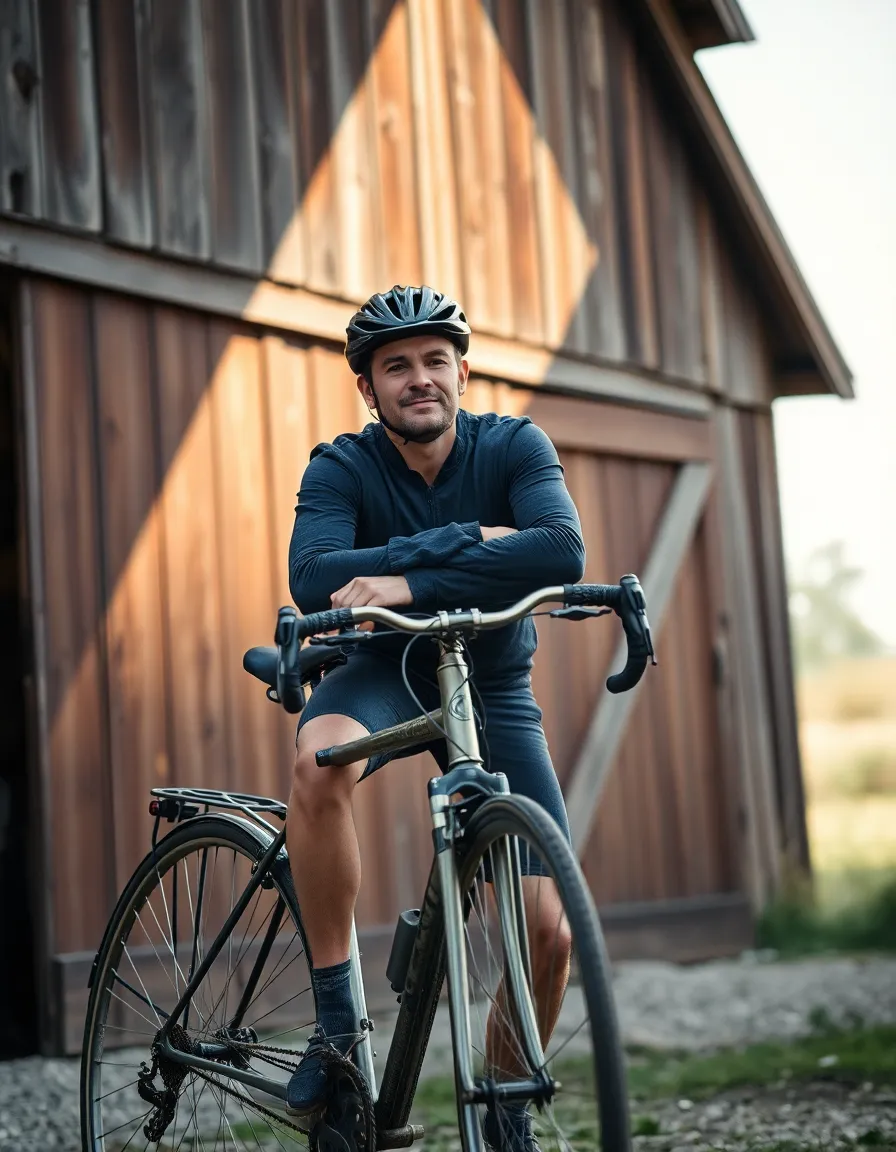 Cyclist Relaxing by Vintage Barn A serene moment captured with a cyclist reclining against a vintage bicycle near a rustic barn, enveloped in soft, dramatic lighting. The muted earthy tones of the scene evoke nostalgia, transporting viewers to simpler times. The shallow depth of field elegantly isolates the cyclist, emphasizing the intricate details of both the bicycle and the surroundings. This image embodies tranquility and passion for cycling amid rustic charm.