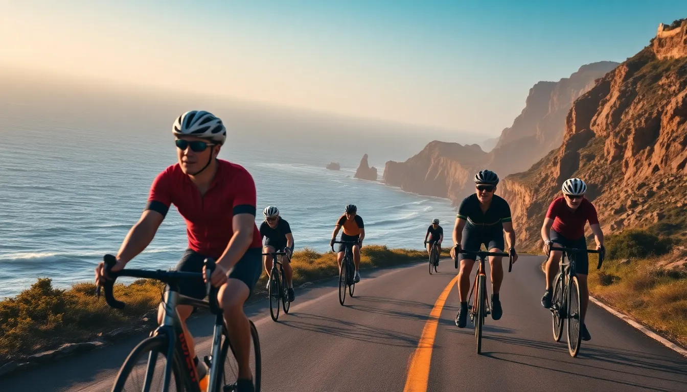 Cyclists Riding Along Coastal Road A dynamic scene of cyclists gliding along a coastal road during the early morning, infused with the golden light of dawn. This photograph captures the thrilling essence of cycling by the ocean, with the sound of waves in the air. The vibrant blue of the sea contrasts beautifully with the rich browns of the cyclists' gear, enhancing the overall composition. The leading lines of the road draw the viewer's eye toward the horizon, evoking a sense of adventure and freedom.