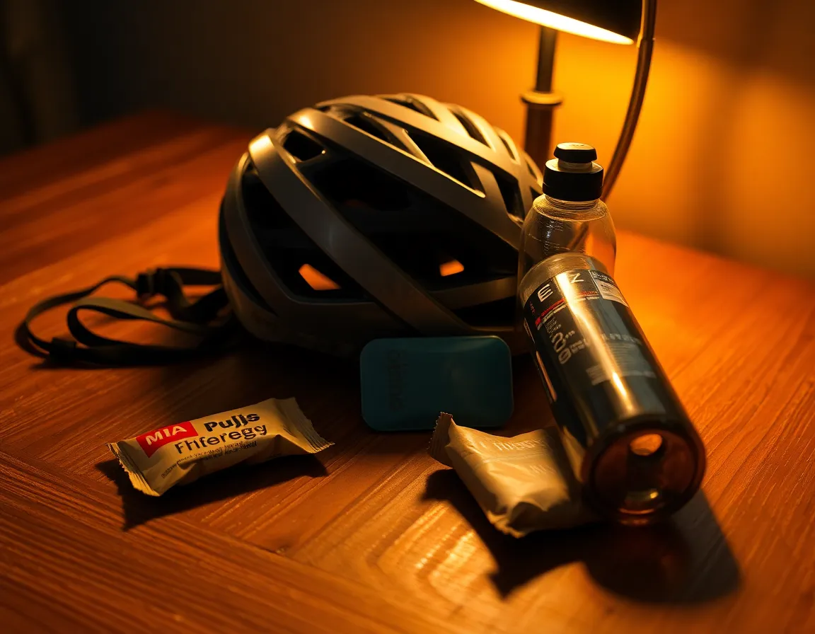This artistic still life image features essential cycling gear elegantly arranged on a textured wooden surface. Warm tungsten lighting creates a cozy atmosphere, casting soft shadows that accentuate the intricate details of each item. From the glossy helmet to the natural texture of the energy bars, this composition speaks to the preparation and passion behind cycling adventures. An ideal visual for products related to cycling, fitness, and outdoor sports.