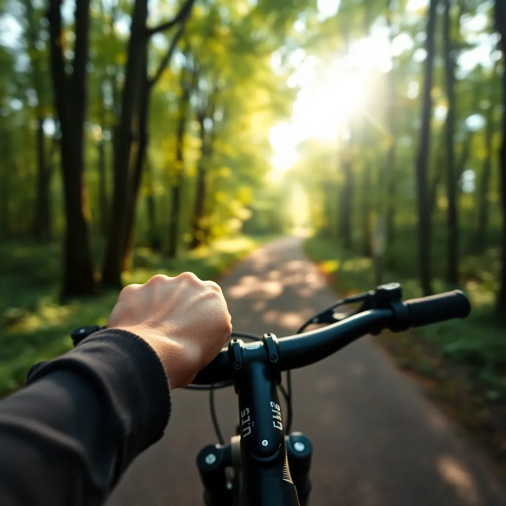 Close-Up of Cyclist in Forest Environment This intimate close-up photograph showcases a cyclist’s hands firmly gripping the handlebars, surrounded by the vibrant greens of a forest path. Soft filtered daylight streams through the trees, casting dappled shadows on the ground, enhancing the serene atmosphere. The detailed texture of the grips and the natural skin characteristics evoke a sense of connection between the athlete and the wilderness, inviting viewers to experience the tranquility of cycling through nature.