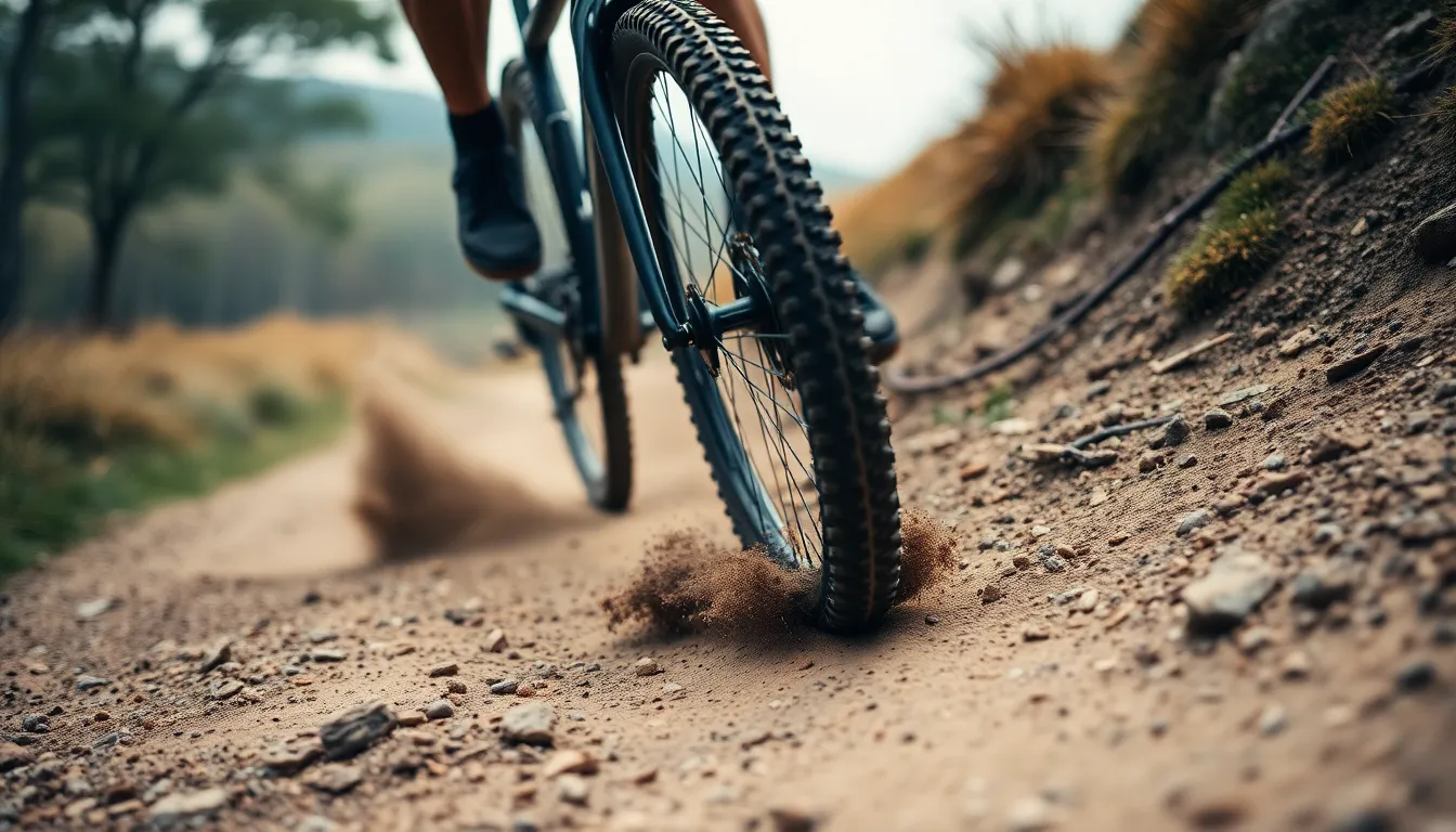 An exhilarating image capturing a cyclist's bike tire in motion as it kicks up dirt on a rugged trail. The overcast light beautifully softens shadows while the vibrant earth tones create a natural feel. The focus is sharply on the tire, showcasing intricate details of the tread and flying dirt, while the background remains silky smooth. The diagonal composition enhances the sense of motion and adventure inherent in cycling off-road.