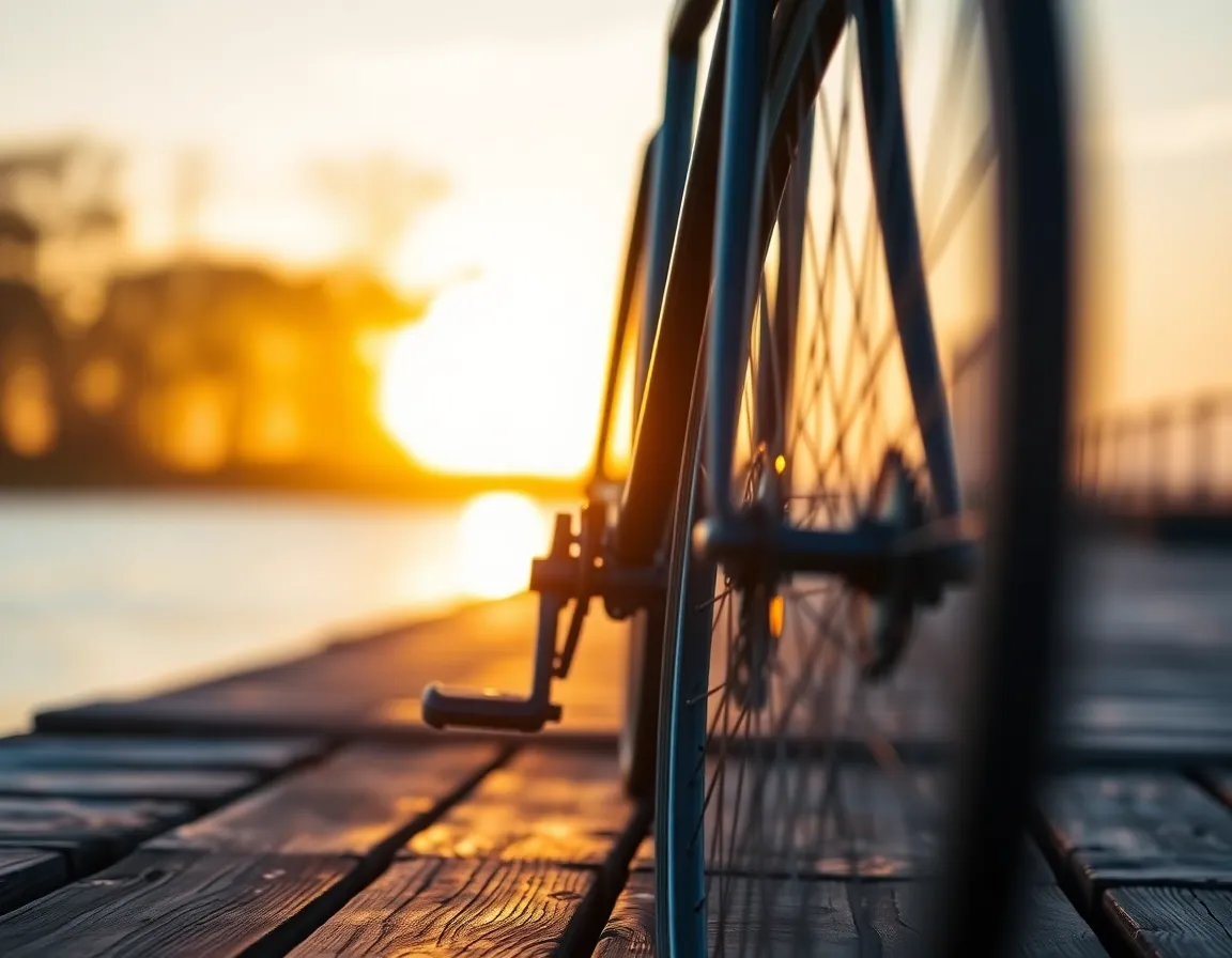 This serene still life captures a beautifully designed bicycle resting on a rustic wooden dock as the sun rises. The soft golden light highlights the bicycle’s elegant curves and the texture of the weathered wood, creating a peaceful early morning vibe. The warm colors of the sunrise blend seamlessly in the background, contributing to the tranquil aesthetic. The composition’s careful framing draws the viewer’s eye directly to the bike, showcasing its craftsmanship.