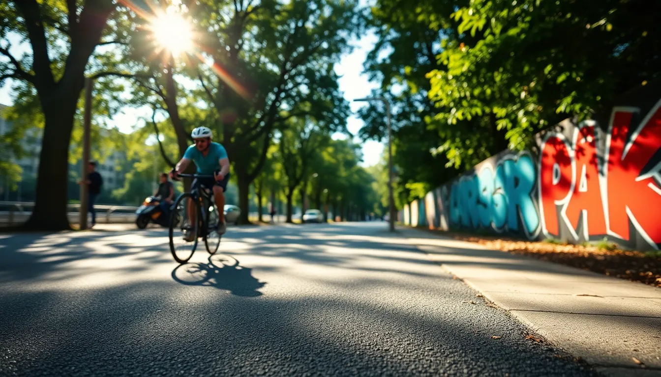 An urban cyclist navigates a vibrant route surrounded by graffiti art and lush greenery. Dappled sunlight creates a play of light and shadow, enhancing the vividness of the scene. The composition captures the motion of cycling with a dynamic angle, while the depth of field emphasizes the cyclist against a soft, blurred background. The rich colors accentuate the energy of the urban environment.