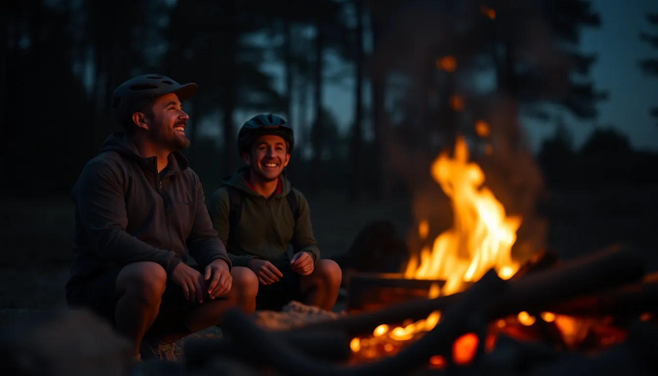 Cyclists Gathering Around Campfire Two cyclists share a joyful moment around a campfire after a day of adventure. The flickering firelight casts warm shadows on their faces, enhancing the camaraderie and relaxation of the scene. The desaturated earth colors contribute to a cozy, inviting atmosphere, while the leading lines of the campfire setup guide the viewer's gaze towards the heartwarming interaction. This image captures the essence of friendship and the spirit of adventure.