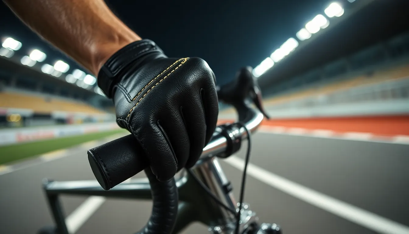 An intimate close-up shot of a cyclist's hands gripping the handlebars, capturing the essence of control and determination. Bright stadium lights illuminate the scene, enhancing the shiny metal and textured leather of the bike gear. The shallow depth of field brings focus to the intricate details of the gloves and handlebars while blurring the racing track behind, emphasizing motion and speed. This composition showcases the intense sport of cycling through the lens of tactile experience.