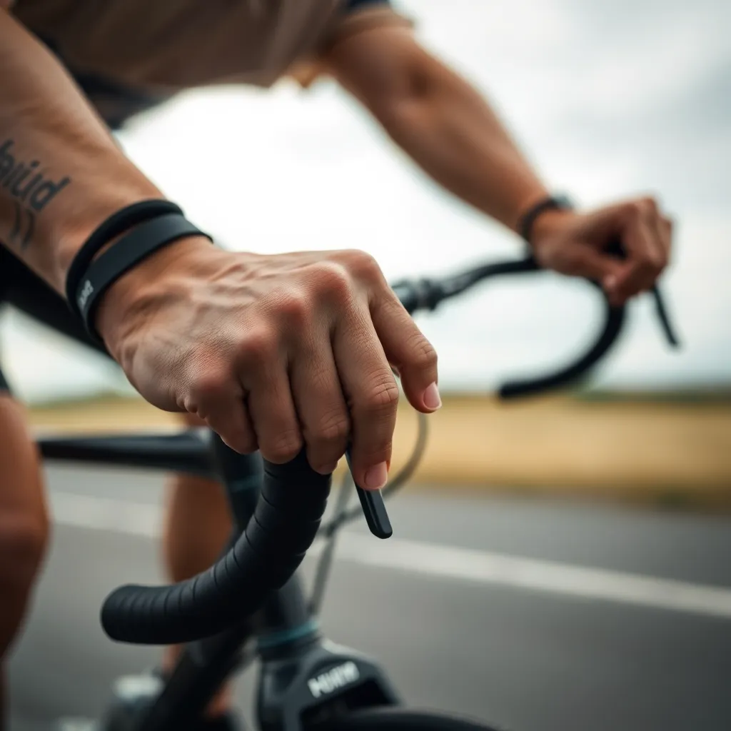 A close-up shot captures the intensity of a cyclist's hands gripping the handlebars, emphasizing the connection between rider and bicycle. The overcast light beautifully enhances texture details, from the leather grip to the cyclist's gloves. This intimate composition highlights the dedication of cycling while inviting the viewer into the world of the sport.