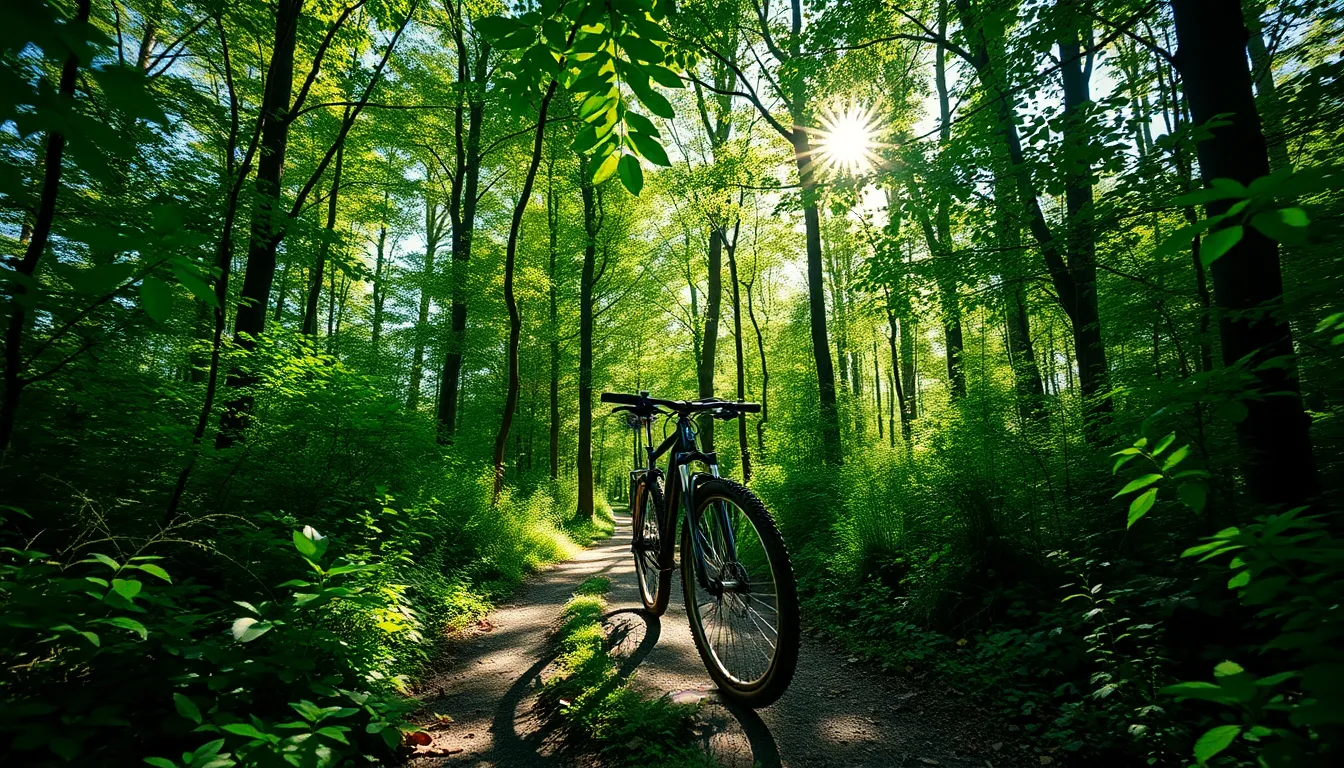 A bicycle rests on a serene forest path, bathed in natural sunlight that filters gently through the canopy. The rich, saturated colors bring forward the vivid greens of the foliage, creating a vibrant backdrop for the bike. Centered in a symmetrical composition, the image highlights both the bicycle and its natural surroundings. Intricate textures of leaves and dappled light add depth and detail, inviting viewers into this tranquil setting.