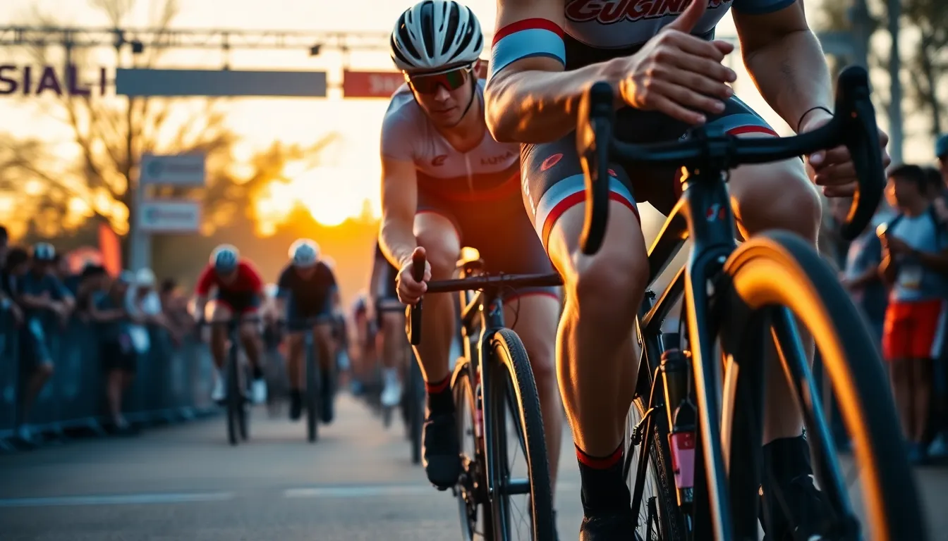 This compelling image features a cyclist sprinting with determination toward the finish line during a vibrant sunset. The warm golden hues of the sun illuminate their racing gear, accentuating the excitement of the moment. With a low-angle perspective, the viewer feels a part of the action, witnessing the energy of both the competitor and the cheering crowd in the background. The scene captures not just a race but the passion and thrill of the sport.