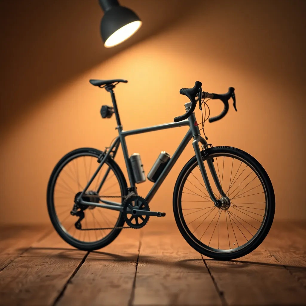 This detailed close-up image captures the exquisite craftsmanship of a high-end road bike, positioned elegantly on a rustic wooden table. The warm light from the tungsten lamp enhances the rich textures of the bike’s frame and gear, while the shallow depth of field beautifully blurs the background. The photograph invites the viewer to appreciate both the artistry of cycling equipment and the beauty of materials like wood and metal. A perfect representation of cycling passion.