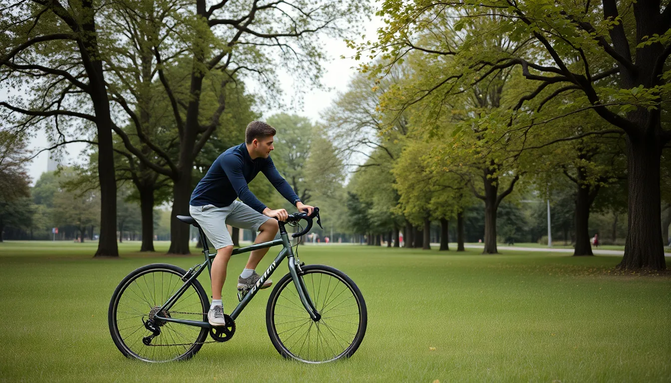 A casual cyclist enjoys a peaceful ride in a lush park on a bright day under soft overcast skies. The diffused light creates a pleasant atmosphere, while the vibrant colors highlight the natural beauty of the surroundings. Positioned off-center, the cyclist captures the viewer's attention, inviting them to share in the serene experience of cycling amidst nature. This image embodies relaxation and the joy of outdoor adventures.