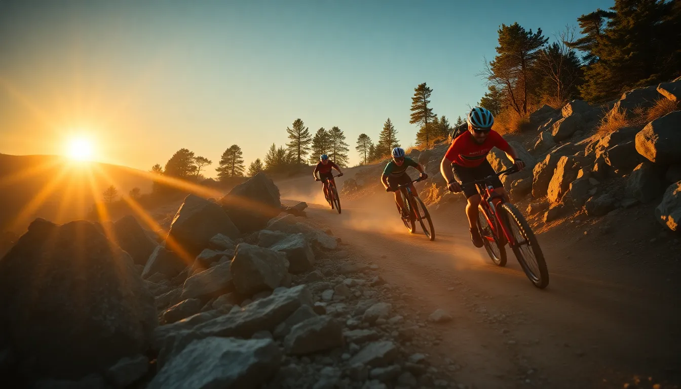 This action-packed photograph captures a thrilling moment as a group of mountain bikers navigates a rugged trail, illuminated by late afternoon sunlight. The play of light and shadow enhances the rocky terrain, showcasing the challenge of the environment. Rich earthy tones complement the lively colors of the cyclists’ gear, creating a vibrant visual contrast. The composition effectively leads the eye along the trail, emphasizing the movement and energy of the scene.