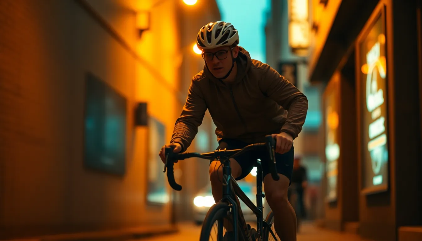 Nighttime Alley Cyclist in Urban Setting This striking image captures a cyclist speeding through a dimly lit urban alley at night, illuminated by warm street lamp light. The tilted angle of the photograph adds a thrilling dynamic to the scene, while the shallow depth of field beautifully isolates the cyclist from the soft, glowing bokeh of the nightlife. The teal and orange color grading enhances the edgy aesthetic, making this image pop with urban energy.