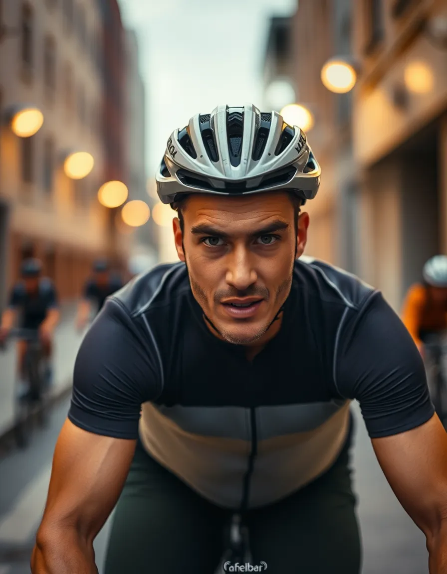 This intimate portrait captures a cyclist reflecting in an urban environment, illuminated by warm tungsten lighting. The focus is on the cyclist's expression, showcasing the emotional weight of their sport. Concrete textures and urban elements fade softly into the background, creating a contrast with the subject while allowing the viewer to connect deeply with the moment. The natural muted tones add a layer of realism to this compelling image.
