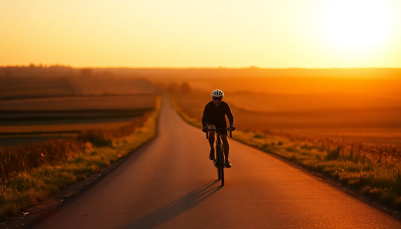A cyclist rides along an empty rural road during the golden hour, elegantly silhouetted against a warm sunset. The backlighting creates a magical glow, enhancing the sense of freedom and adventure. The image captures the peacefulness of the countryside, emphasizing the beauty of the natural surroundings and the joy of cycling.