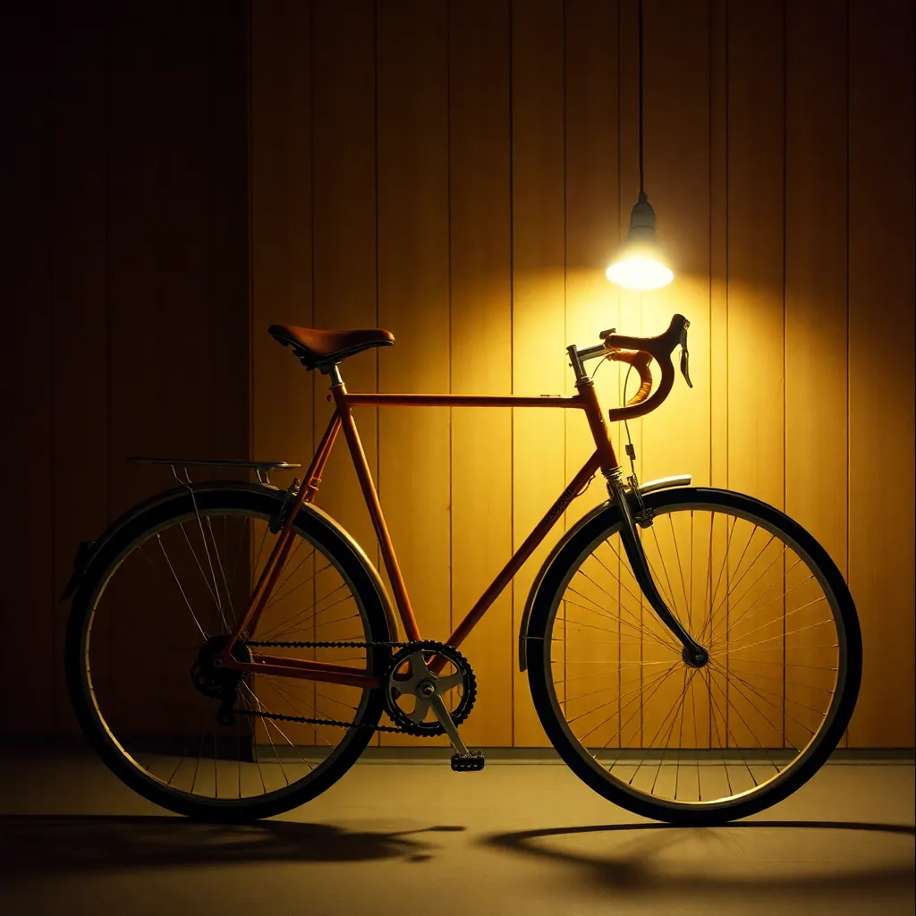 Vintage Bicycle Still Life A beautifully arranged still life of a vintage bicycle emphasizes craftsmanship and nostalgia. The warm tungsten lighting highlights the intricate details of the bike's components, while the rustic wooden backdrop adds texture and context. The warm tones and soft highlights evoke a sense of timelessness, making this a striking image for cycling enthusiasts and lovers of vintage aesthetics alike.