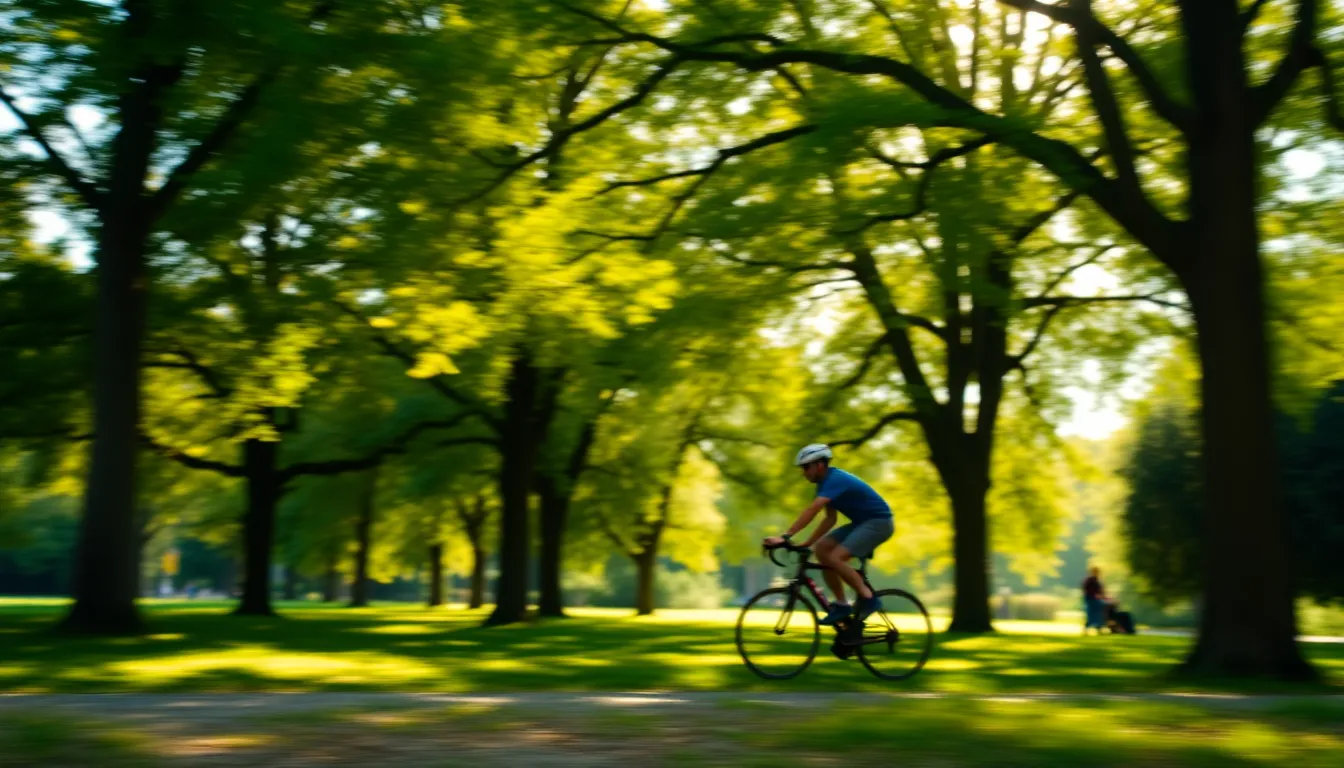 This vibrant image showcases a cyclist in full motion, gliding through a beautiful park drenched in dappled sunlight. The interplay of light creates enchanting bokeh highlights that dance around the subject, emphasizing the lush greens of the foliage. The focused view on the cyclist captures their energetic pose, while the rich colors evoke a sense of freedom and vitality. This image reflects the exhilarating experience of cycling in nature’s embrace.